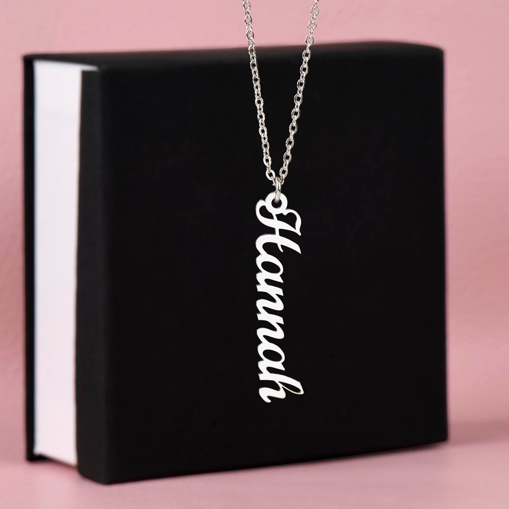 Personalized Necklace with Vertical Cursive Writing in 18K Gold Finish or Polished Stainless Steel