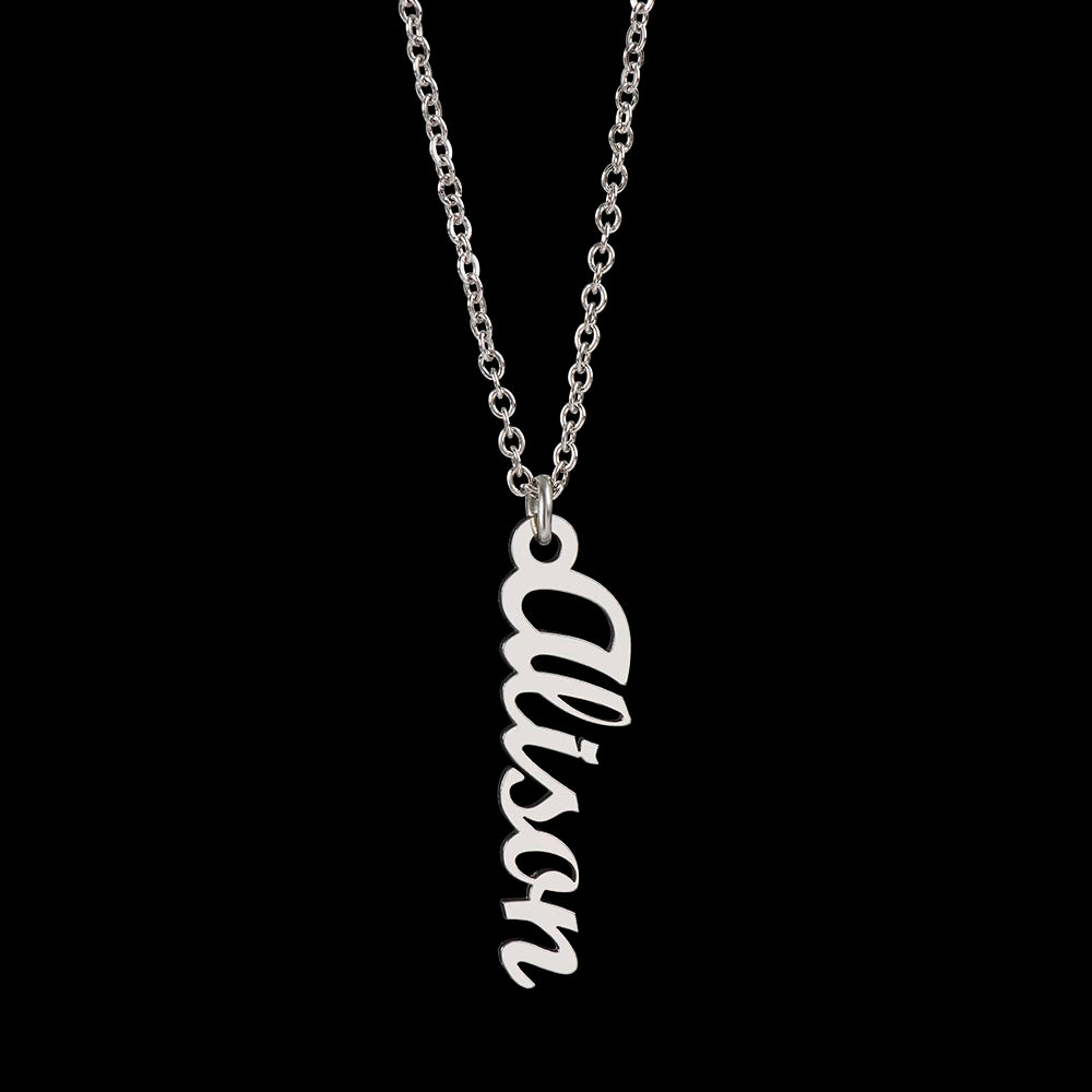 Personalized Necklace with Vertical Cursive Writing in 18K Gold Finish or Polished Stainless Steel