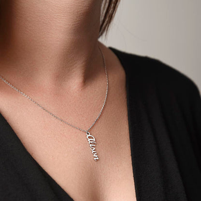 Personalized Necklace with Vertical Cursive Writing in 18K Gold Finish or Polished Stainless Steel