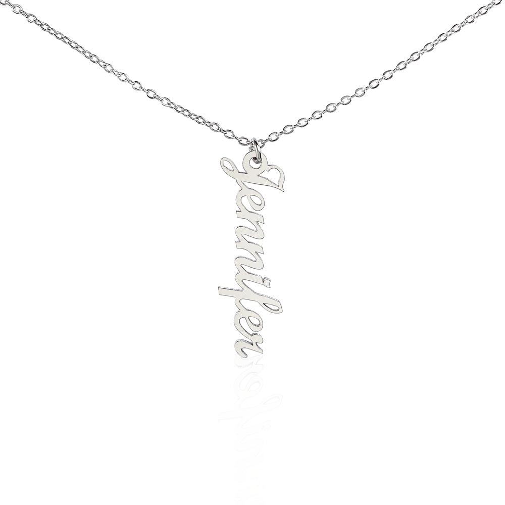 Personalized Necklace with Vertical Cursive Writing in 18K Gold Finish or Polished Stainless Steel