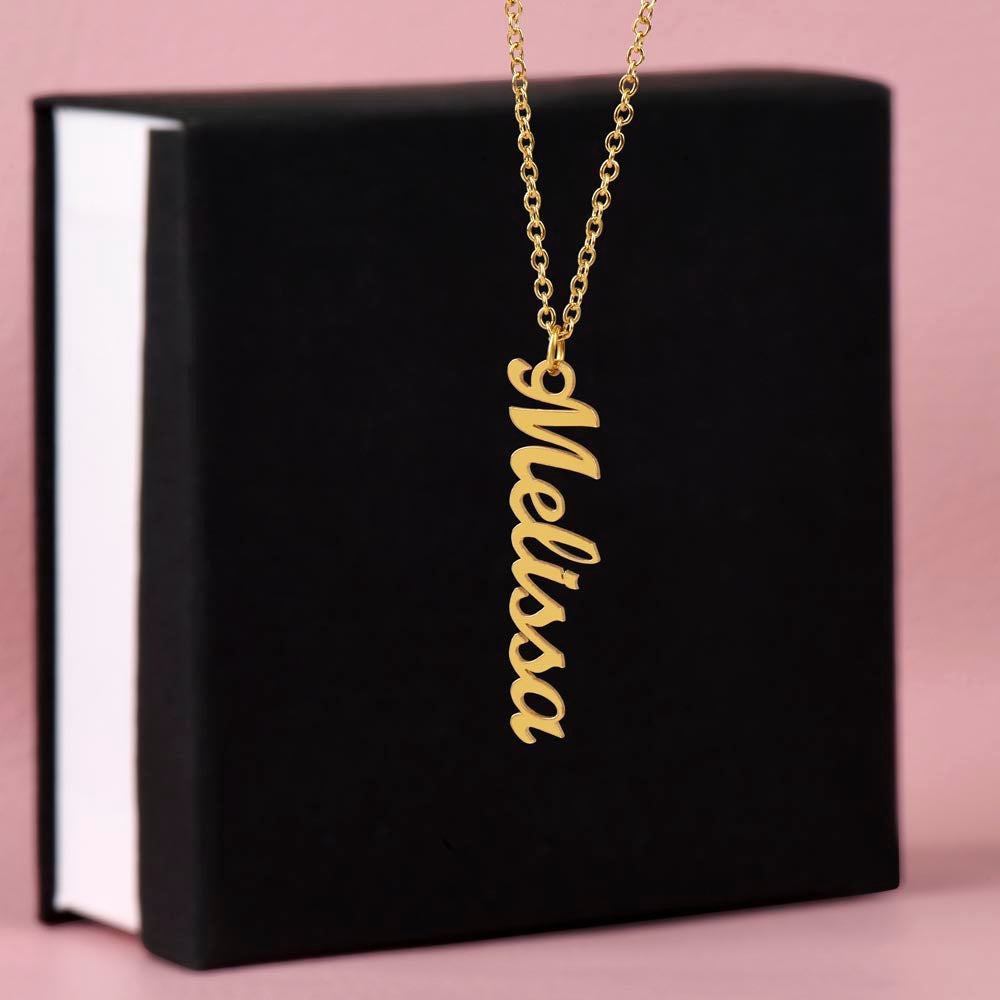 Personalized Necklace with Vertical Cursive Writing in 18K Gold Finish or Polished Stainless Steel