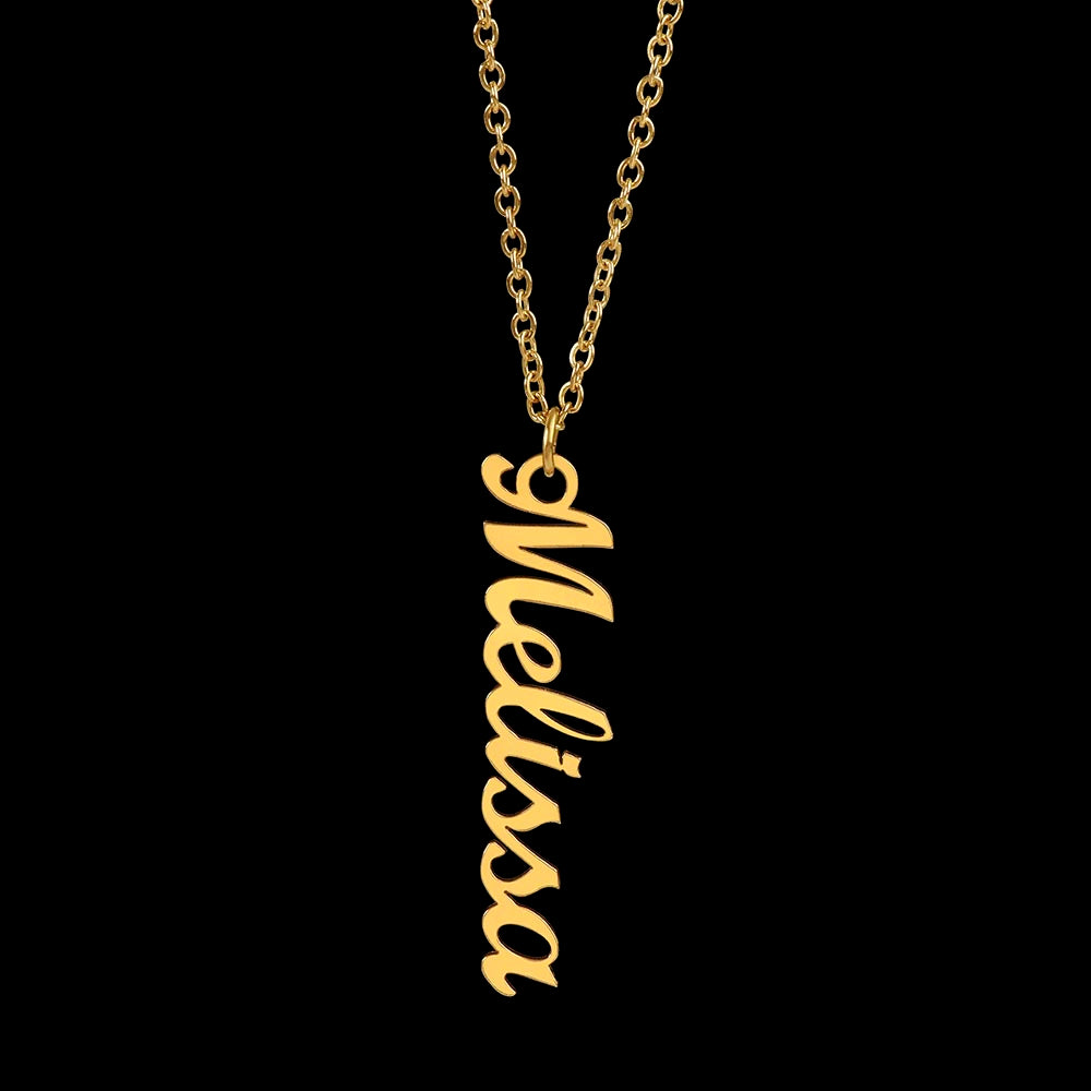 Personalized Necklace with Vertical Cursive Writing in 18K Gold Finish or Polished Stainless Steel