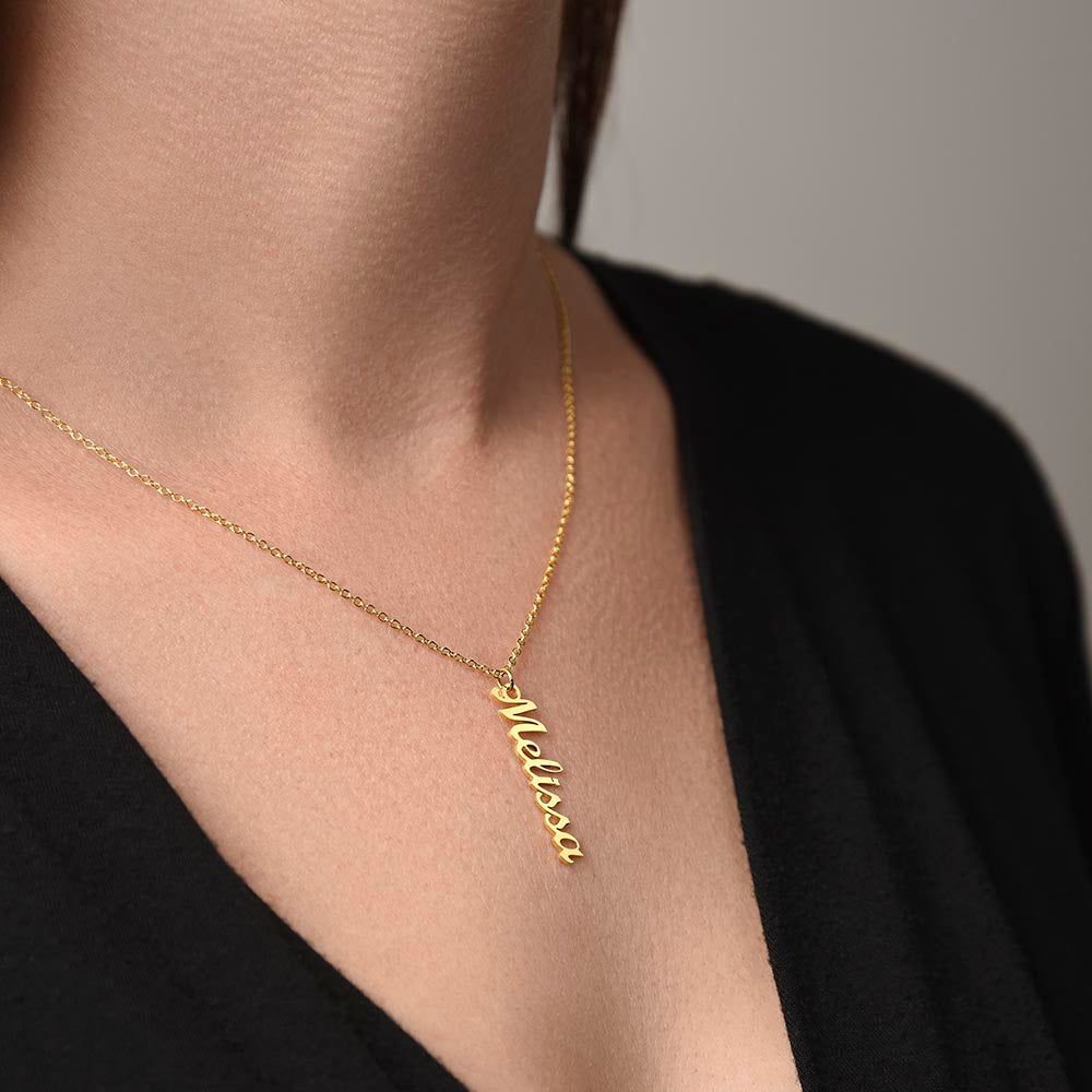 Personalized Necklace with Vertical Cursive Writing in 18K Gold Finish or Polished Stainless Steel