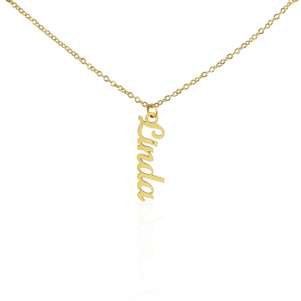 Personalized Necklace with Vertical Cursive Writing in 18K Gold Finish or Polished Stainless Steel