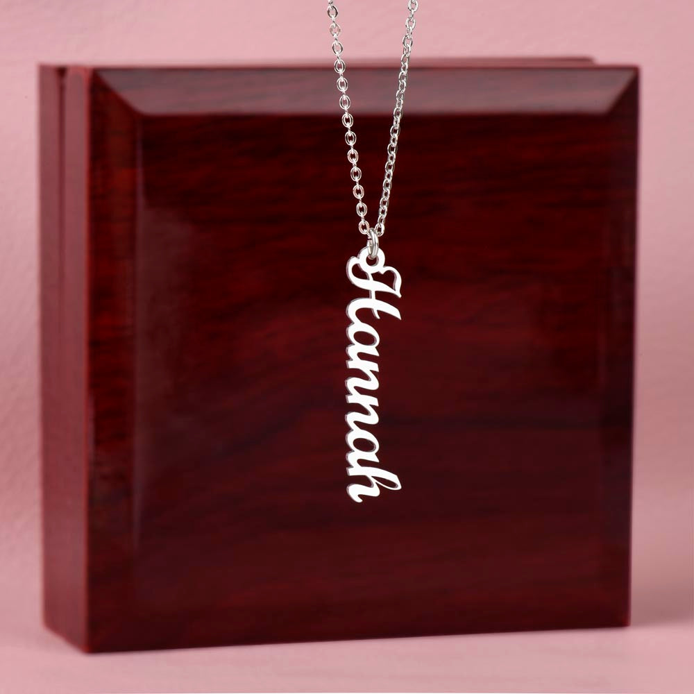 Personalized Necklace with Vertical Cursive Writing in 18K Gold Finish or Polished Stainless Steel