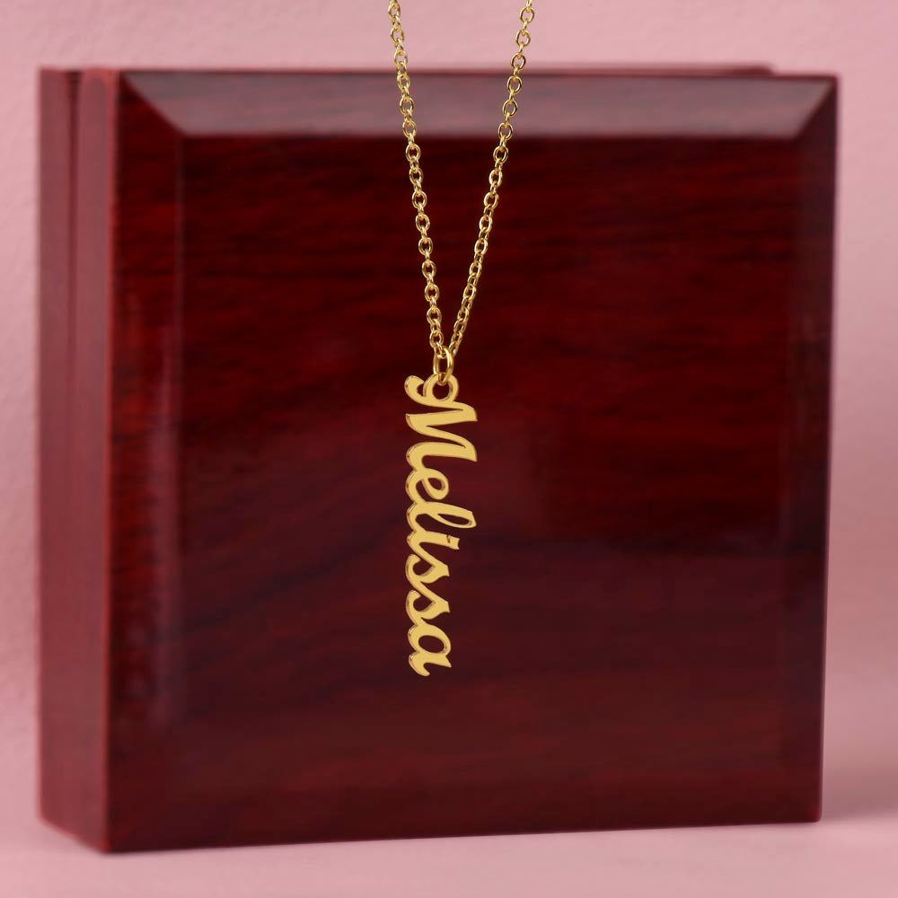 Personalized Necklace with Vertical Cursive Writing in 18K Gold Finish or Polished Stainless Steel